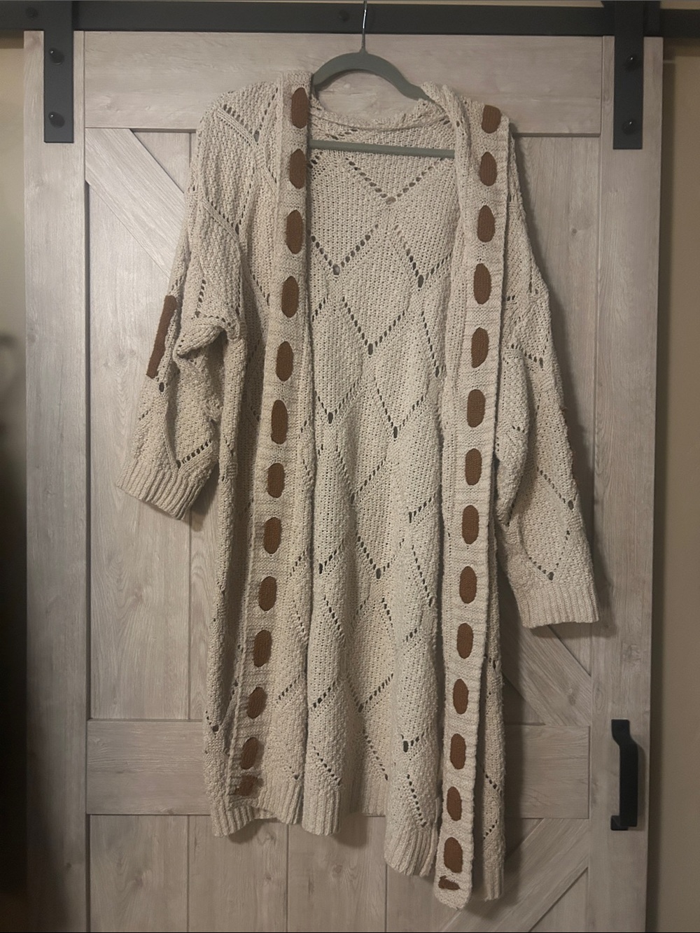 Cream Open-Front Knit Sweater Cardigan with Brown Accent